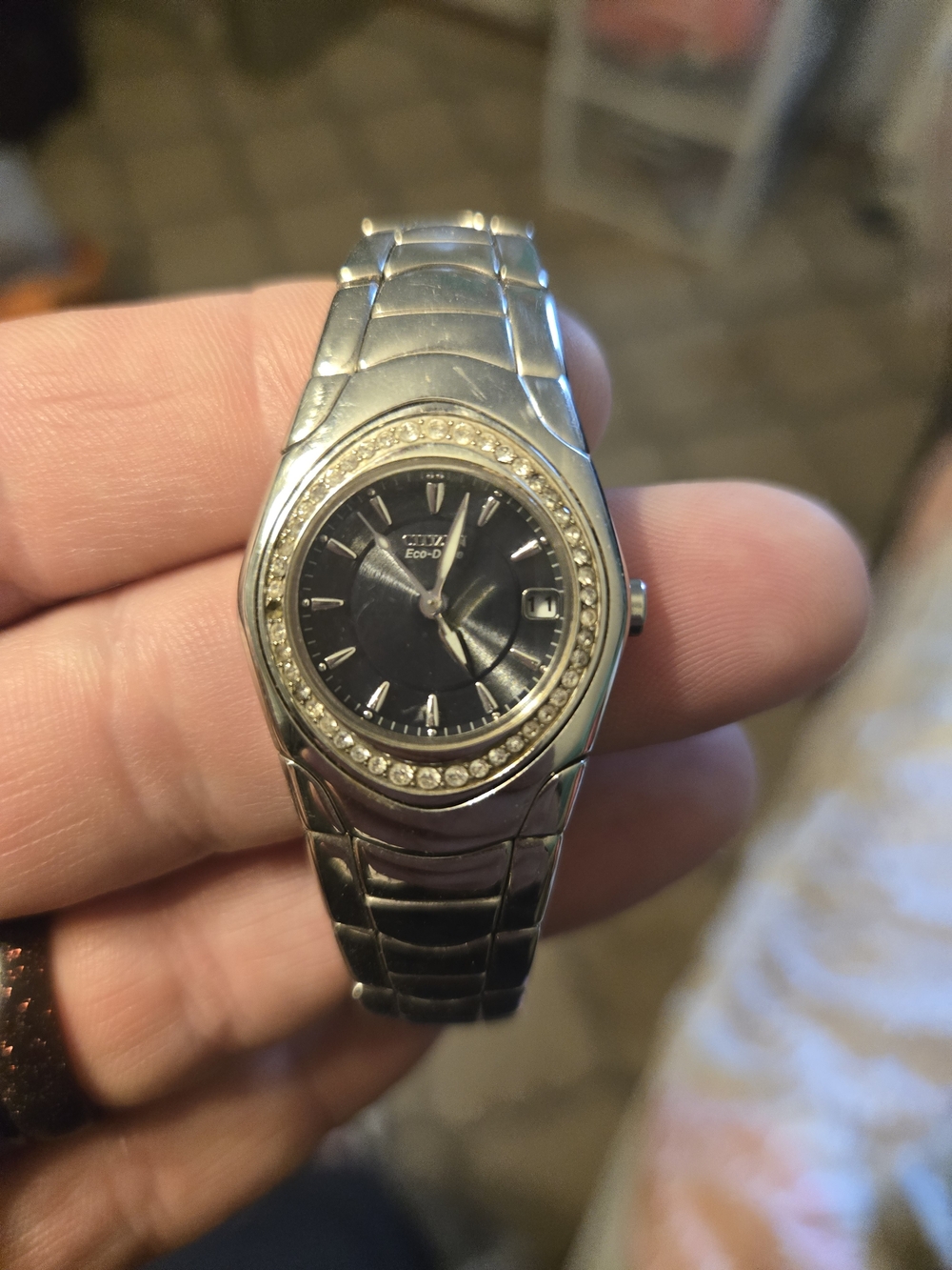 Citizen Silver Watch with Black Dial and Crystal Bezel
